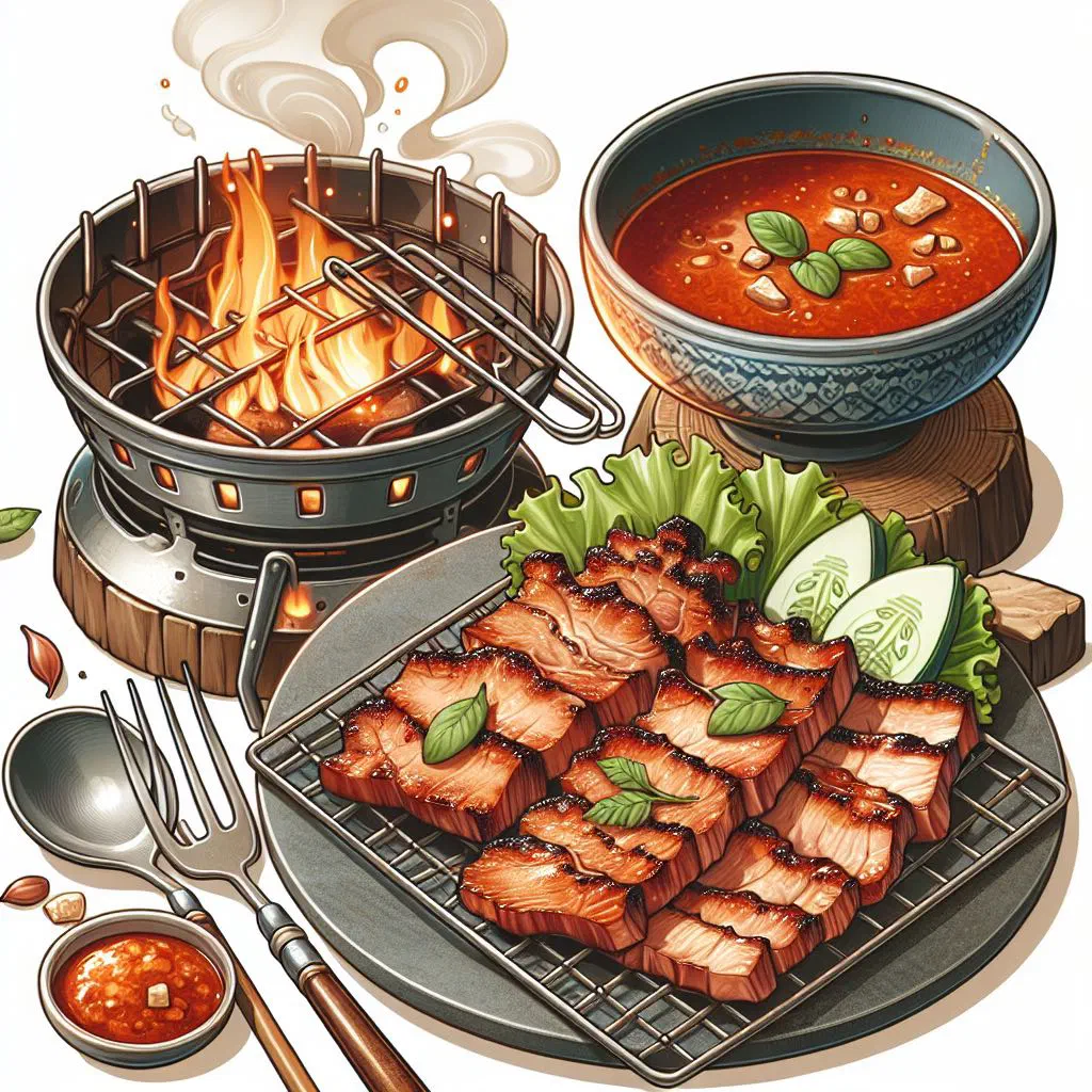 Skewers of grilled marinated pork with a peanut dipping sauce