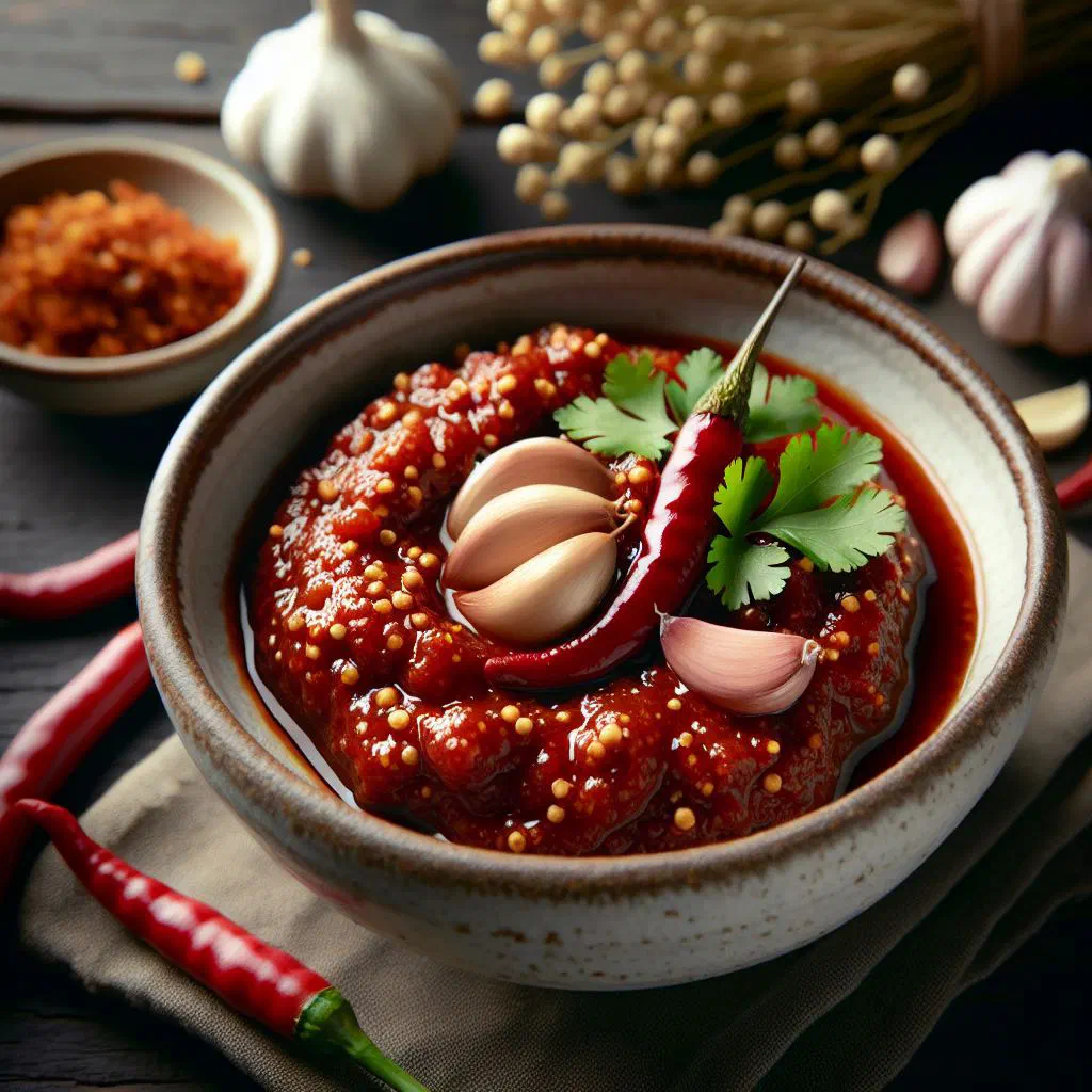 A bowl of tangy tamarind chilli sauce garnished with fresh coriander