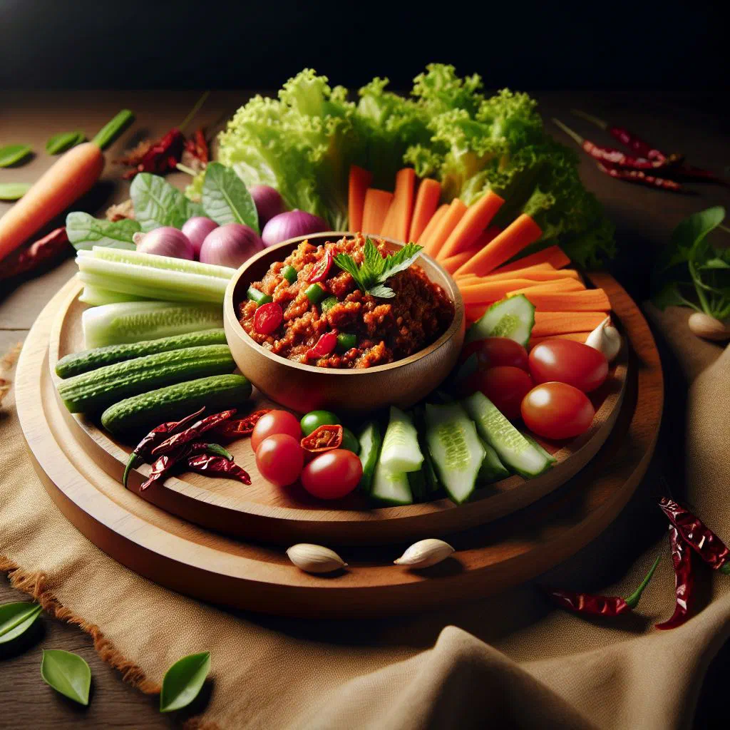 Nam prik ong tomato and pork chilli dip with fresh vegetables and sticky rice