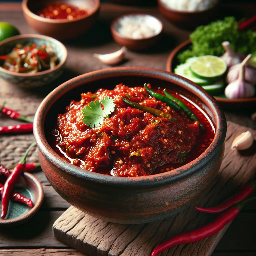 Nam prik pla ra chilli dip served with fresh vegetables for dipping