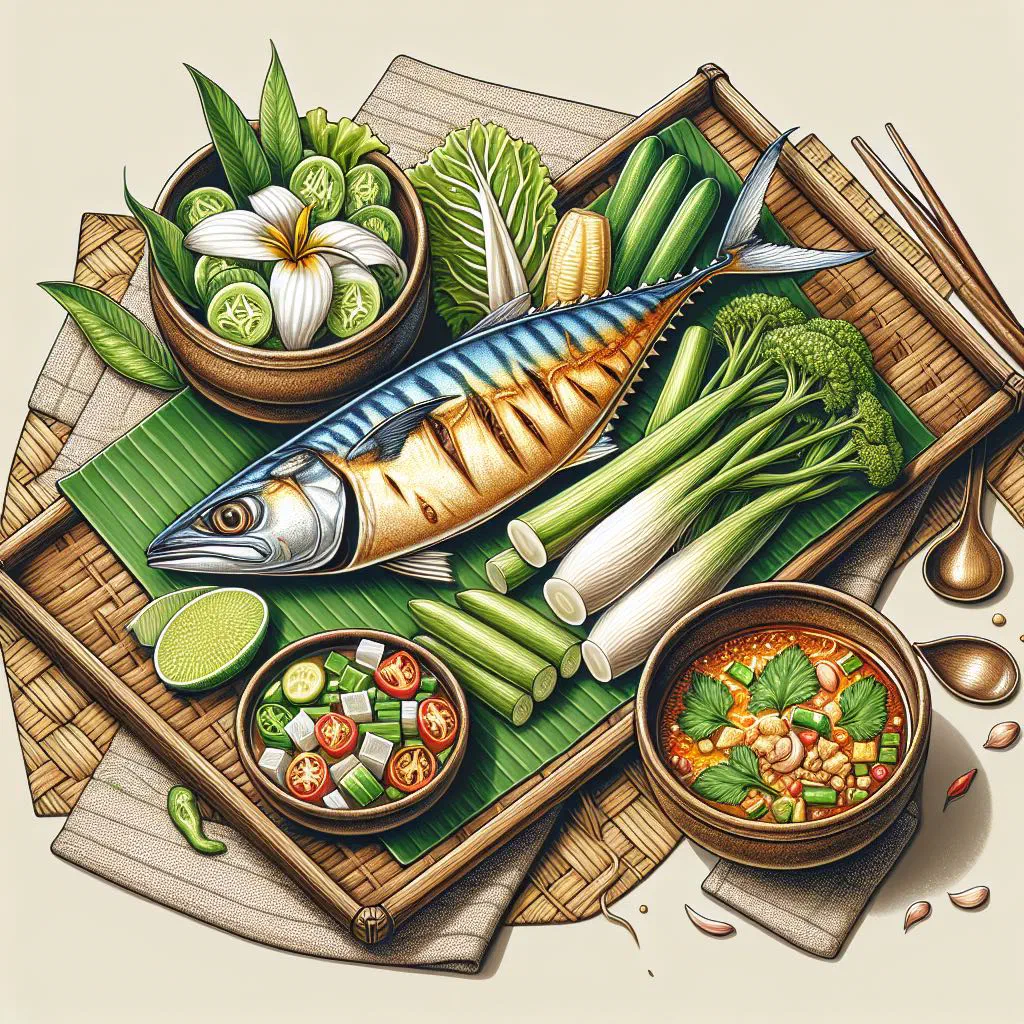 Nam prik pla too chilli dip with grilled mackerel, fresh vegetables and rice