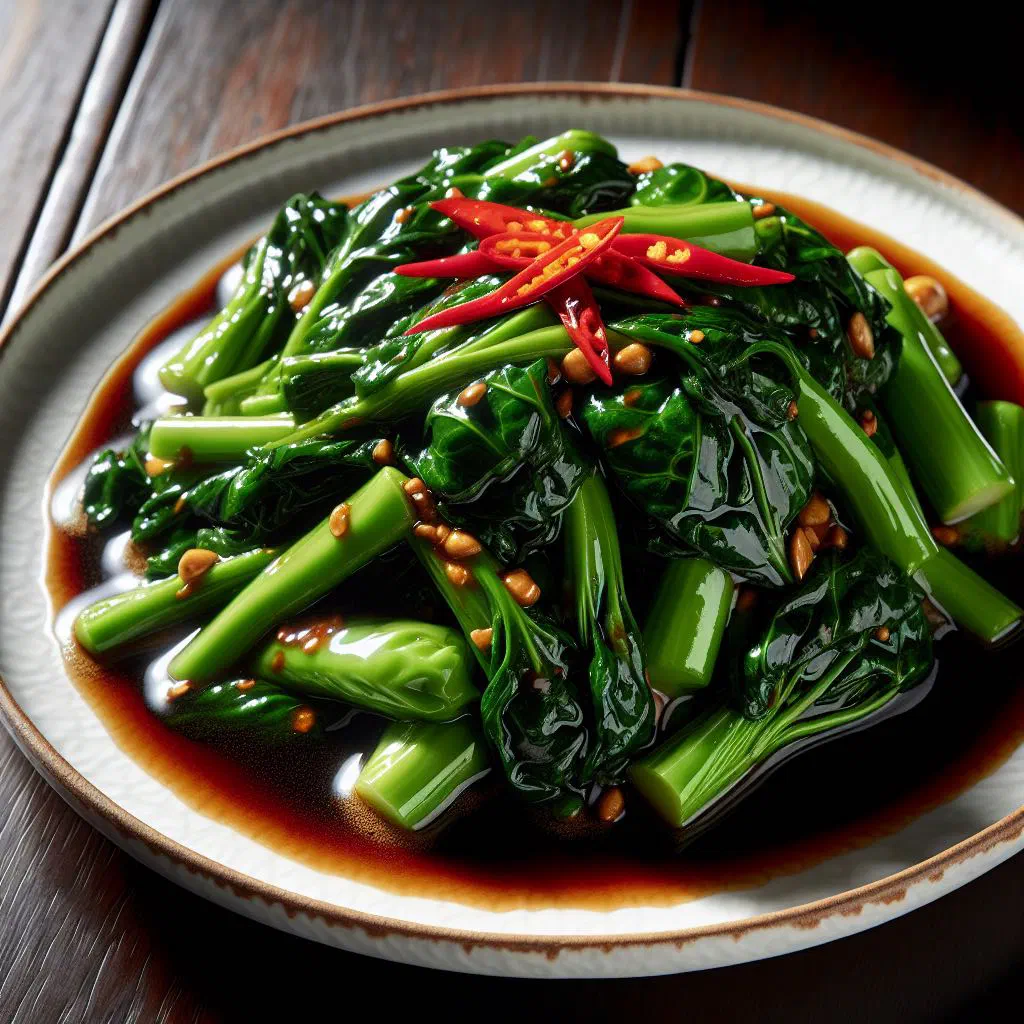 Stir-fried greens and mussels in glossy oyster sauce, garnished with coriander