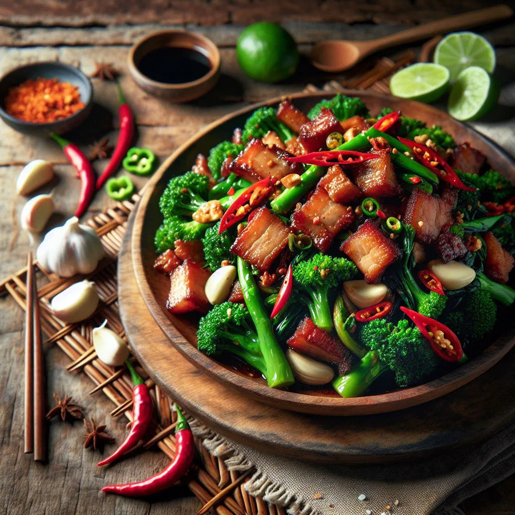 Pad kanaa moo krob with crispy pork and Chinese broccoli in a savoury sauce