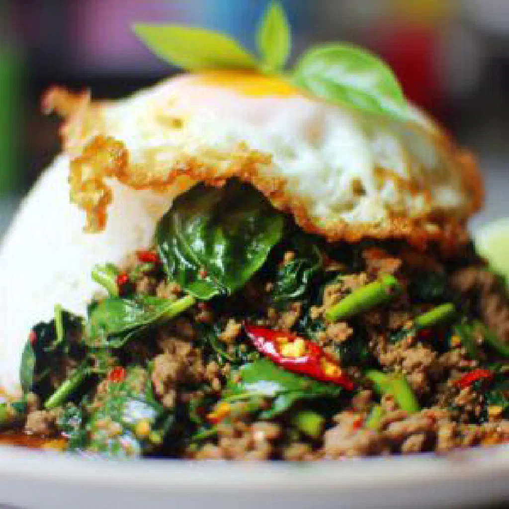 Pad kra pao with stir-fried chicken, holy basil and a fried egg over jasmine rice