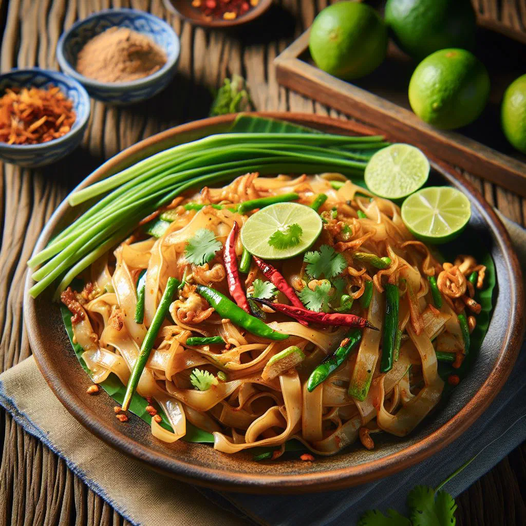 Stir-fried Pad Mee Korat rice noodles with vegetables and chicken