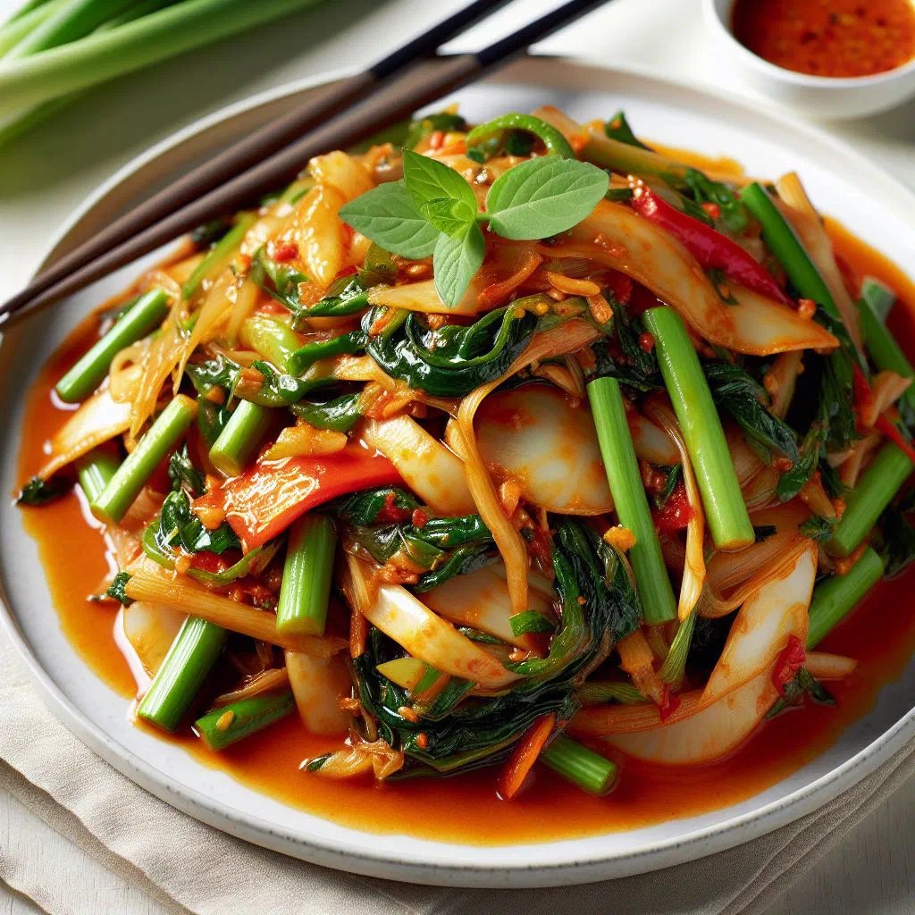 Pad Pak Gaeng Daeng with vegetables and meat in red curry sauce