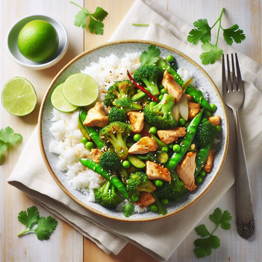Stir-fried Chinese broccoli with garlic and chilli served over rice