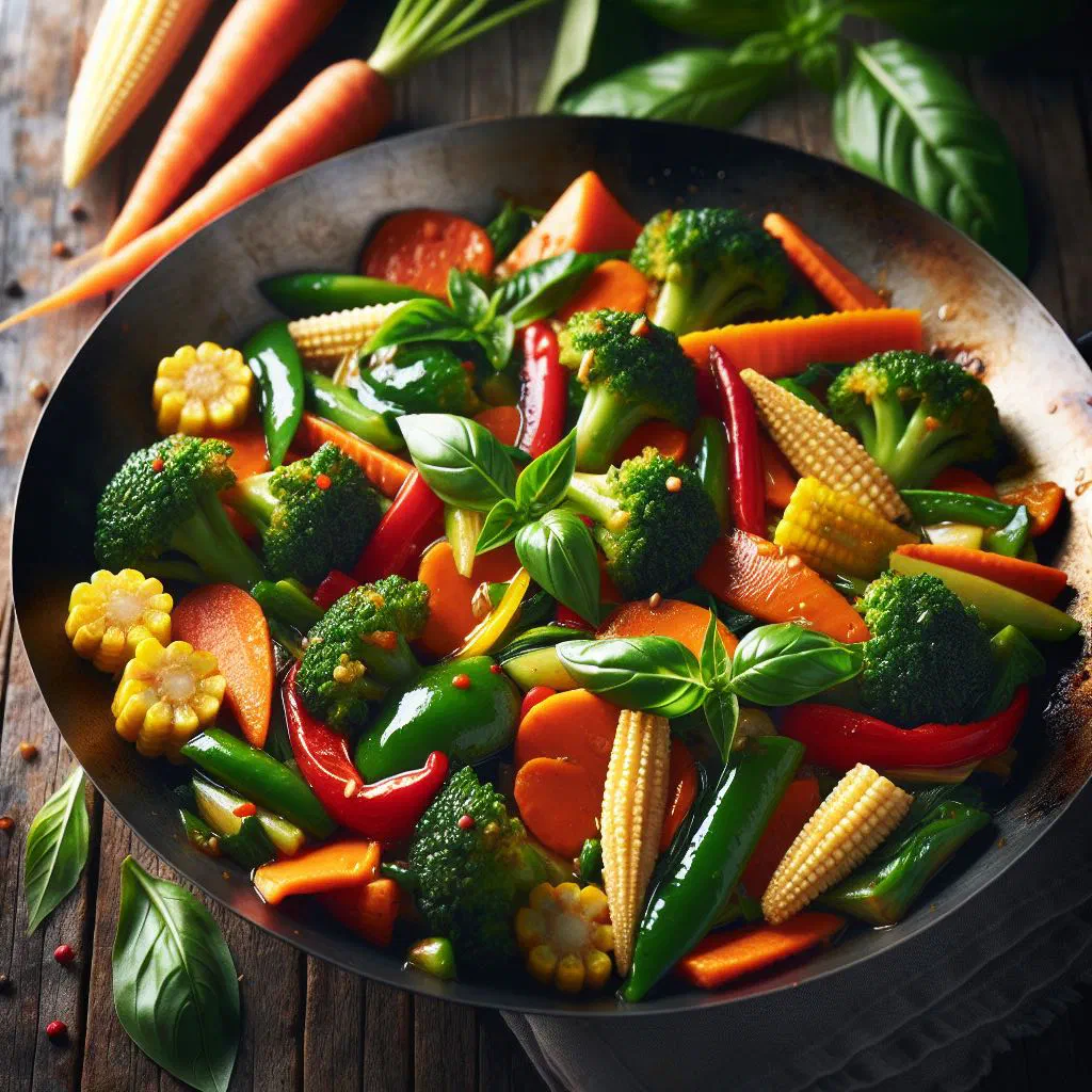 Colourful stir-fried mixed vegetables in a savoury Thai sauce