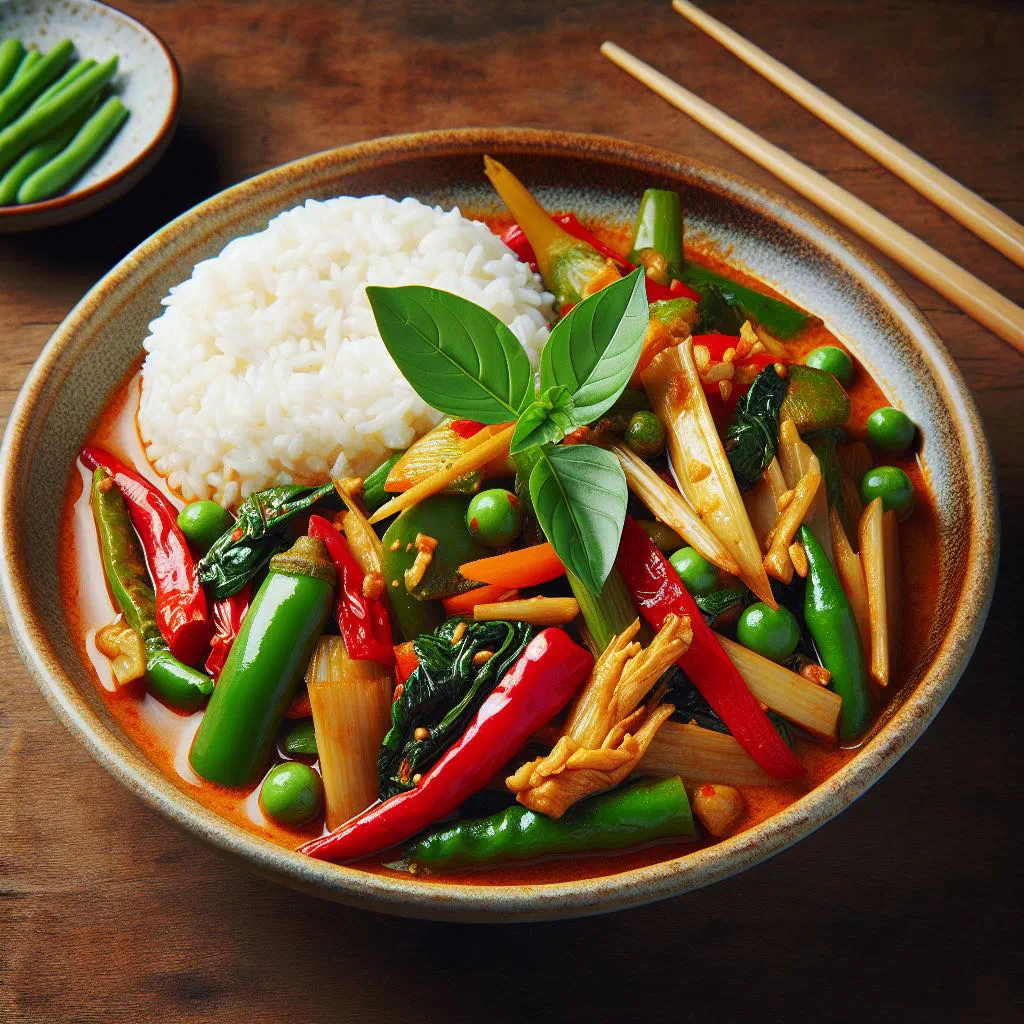 Pad ped nor mai stir-fry with bamboo shoots, red pepper and fresh coriander
