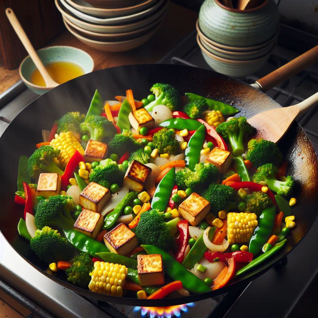 Colourful stir-fried mixed vegetables in a wok
