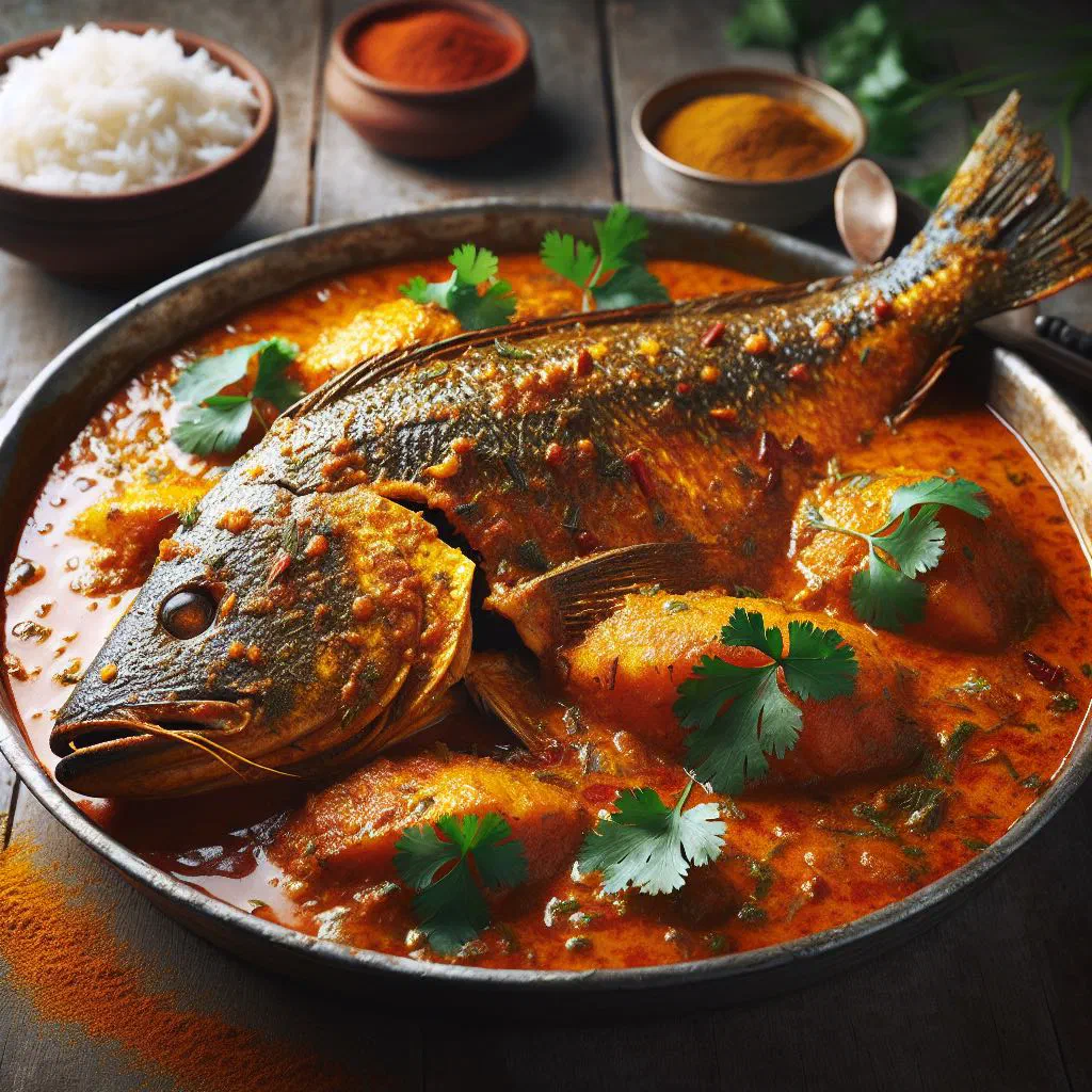 Spicy Thai catfish curry with red curry paste, peppers and fresh basil over jasmine rice