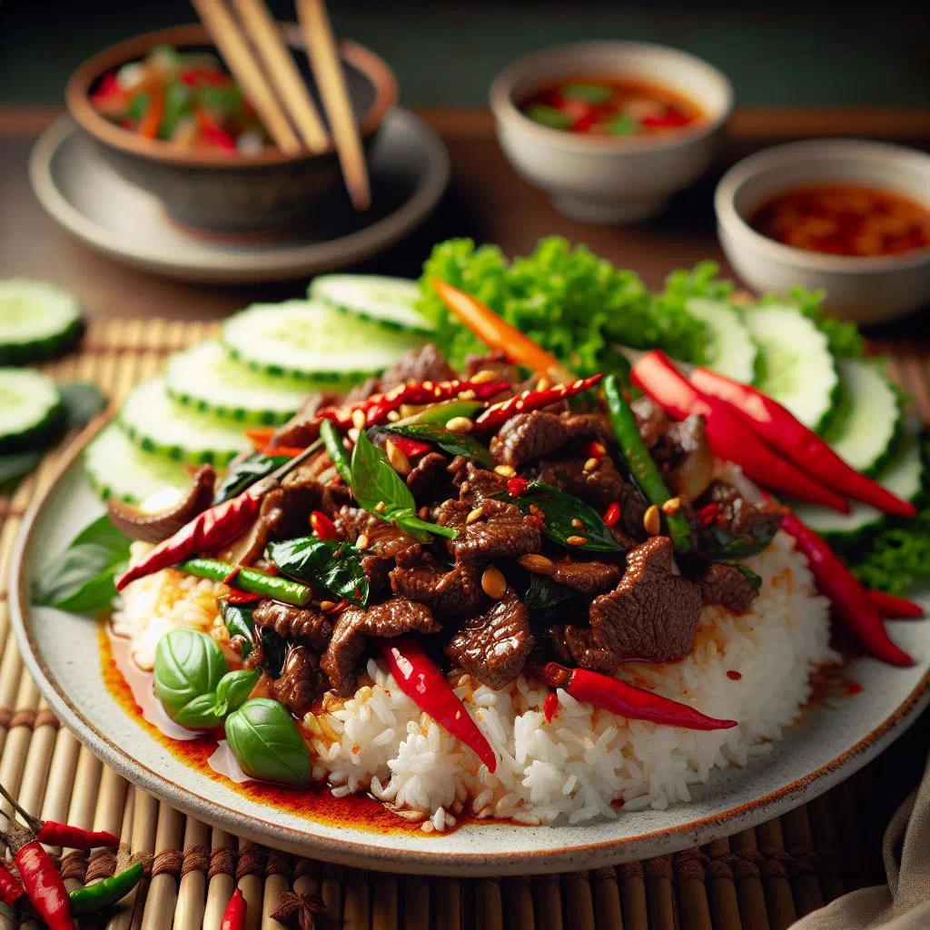 Spicy Thai chicken and chilli stir-fry served with jasmine rice and coriander