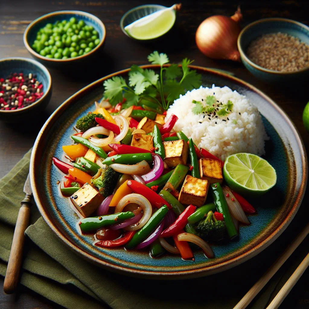 Stir-fried tofu with colourful vegetables garnished with fresh coriander