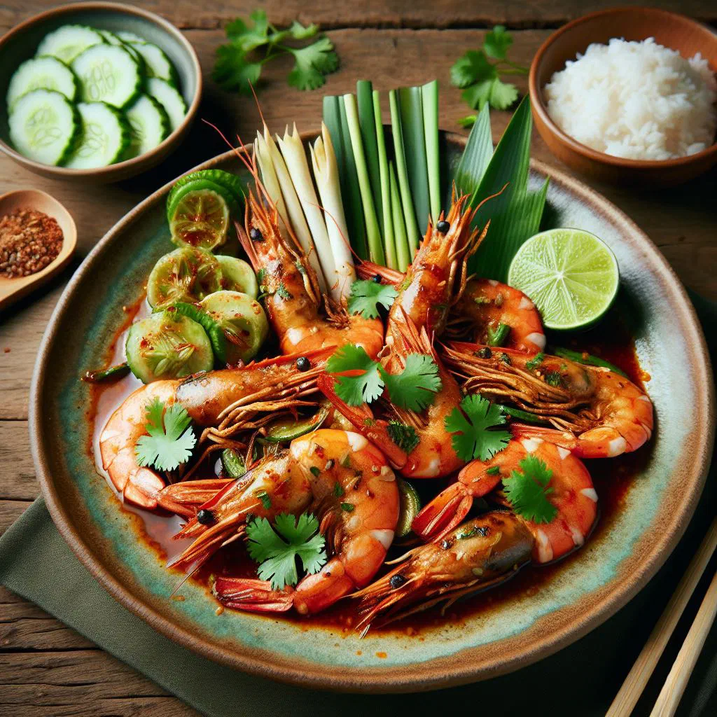 Thai prawn salad with fresh herbs, chilli and lime