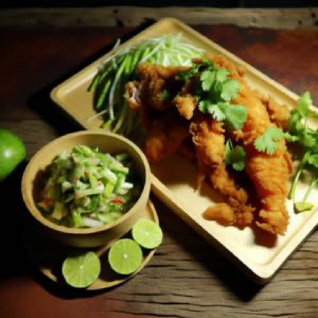 Crispy fried catfish strips with fresh herbs and a bowl of tamarind dipping sauce