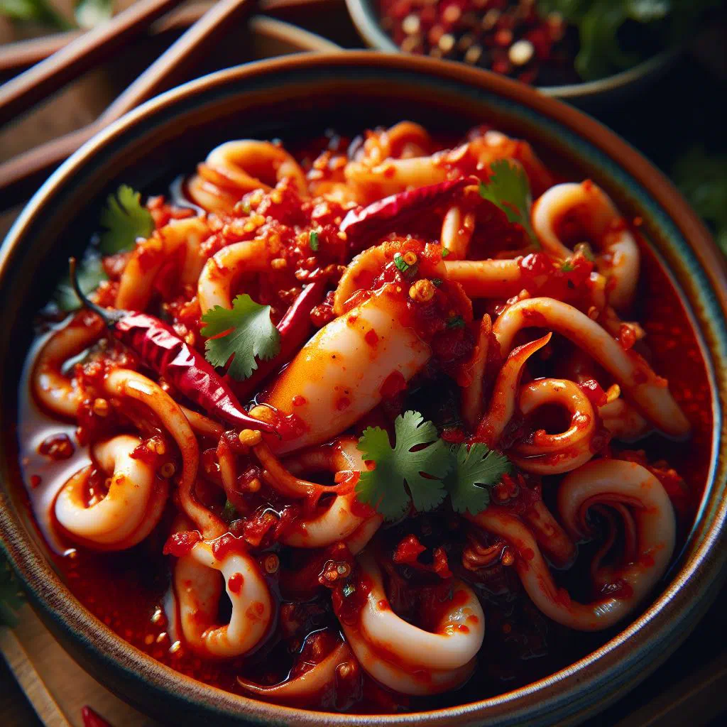 Stir-fried squid with red peppers, chilli and garlic garnished with coriander
