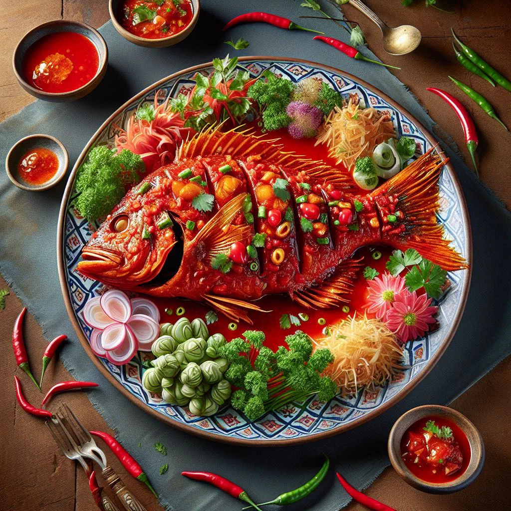 Crispy whole fried fish topped with a glossy three-flavour tamarind and chilli sauce and fresh coriander