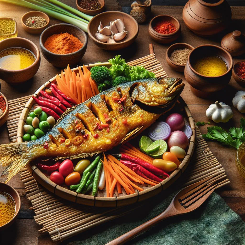 Crispy turmeric-fried whole fish garnished with fresh herbs and lime