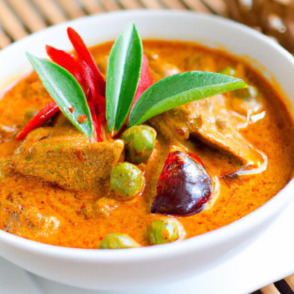 A bowl of Thai red curry with chicken, vegetables and fresh basil in coconut sauce