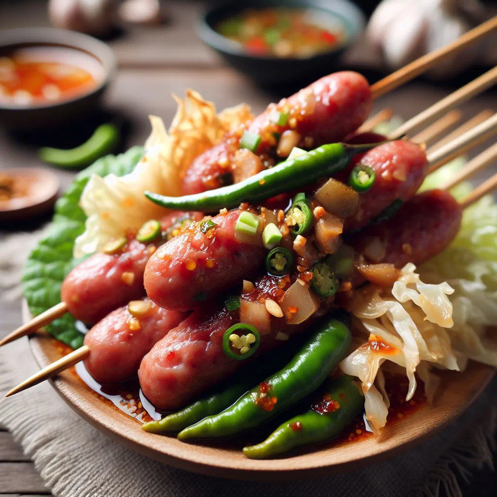 Grilled Thai sweet-and-sour pork sausages on skewers with fresh herbs and lime