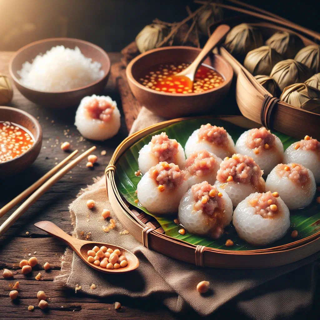 Steamed Saku Sai Moo tapioca dumplings garnished with fresh coriander