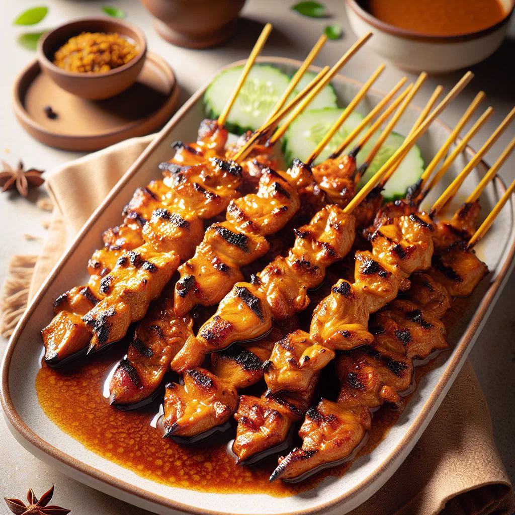 Grilled chicken satay skewers with peanut sauce and cucumber salad
