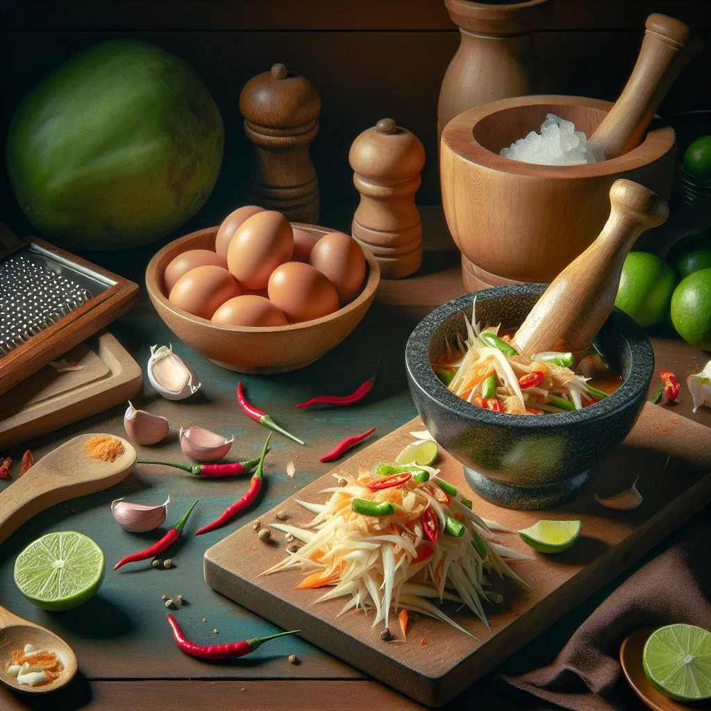 Spicy green papaya salad topped with marinated salted eggs and peanuts