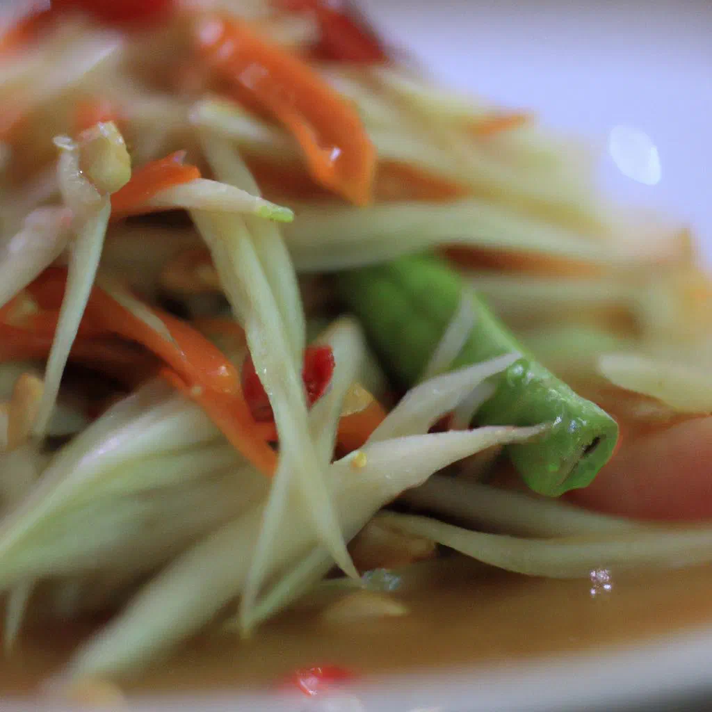Som tum green papaya salad with tomatoes, peanuts and chilli