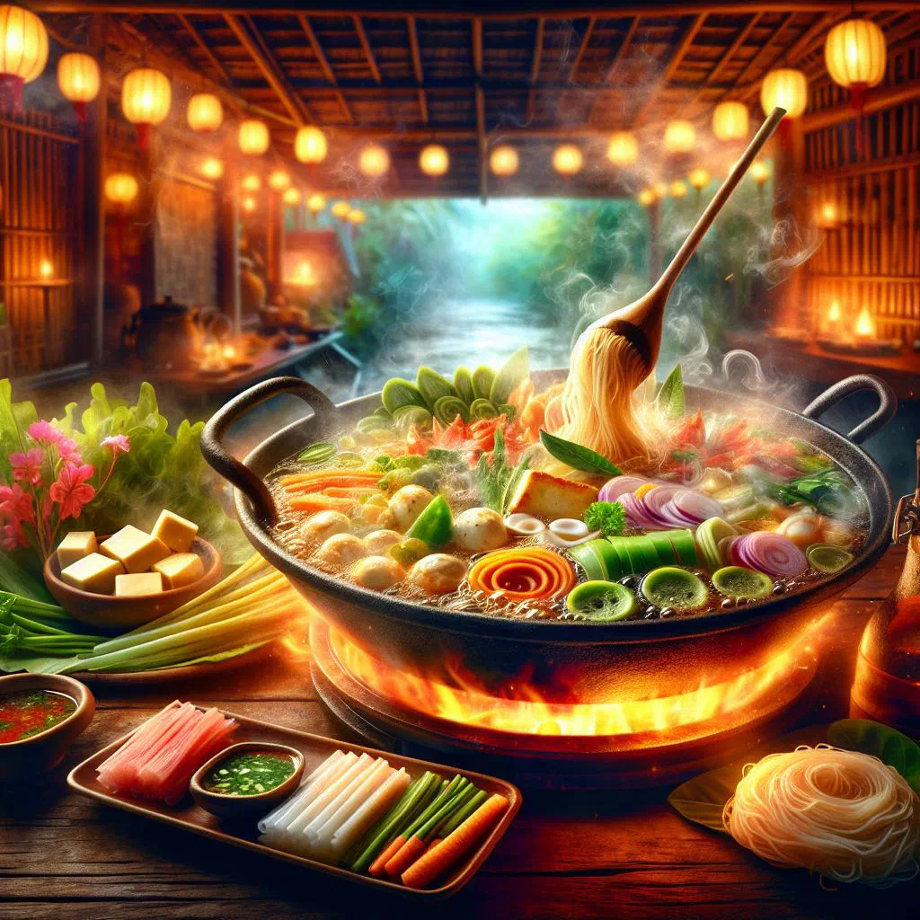 A steaming bowl of Thai sukiyaki with sliced meat, vegetables and rice noodles
