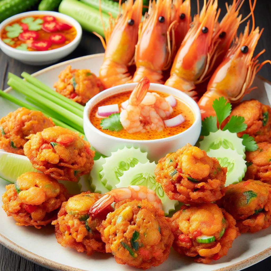 Crispy golden Thai prawn cakes served with a sweet chilli dipping sauce