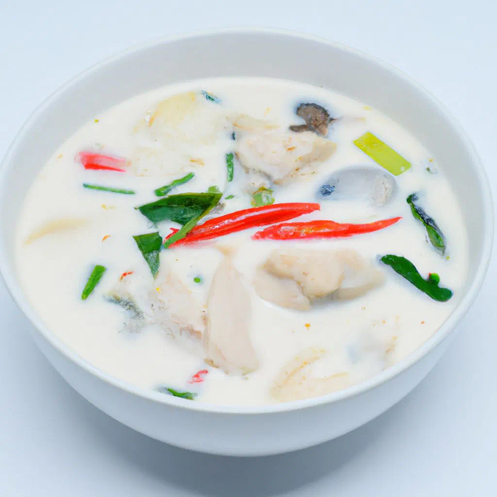 A bowl of Tom Kha Gai coconut chicken soup garnished with fresh coriander