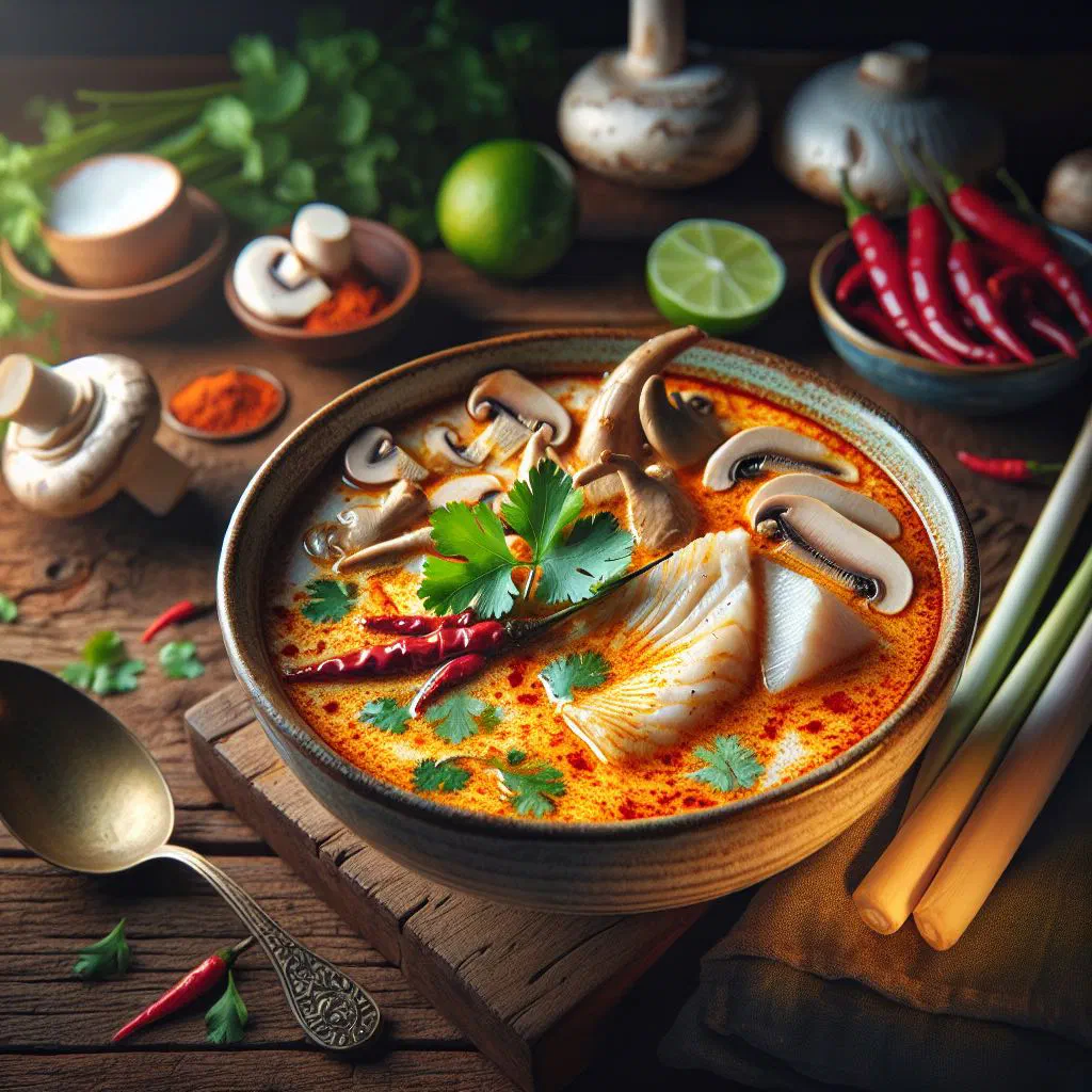Bowl of Tom Kha Pla, a creamy Thai coconut fish soup garnished with coriander and chilli