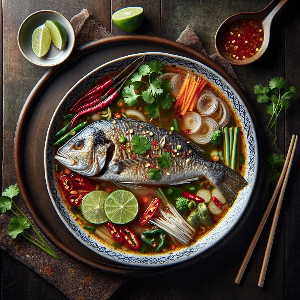 Clear Thai fish soup garnished with fresh coriander and lime