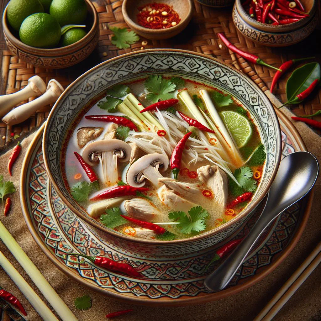 A steaming bowl of Tom Yam Gai garnished with fresh coriander and lime