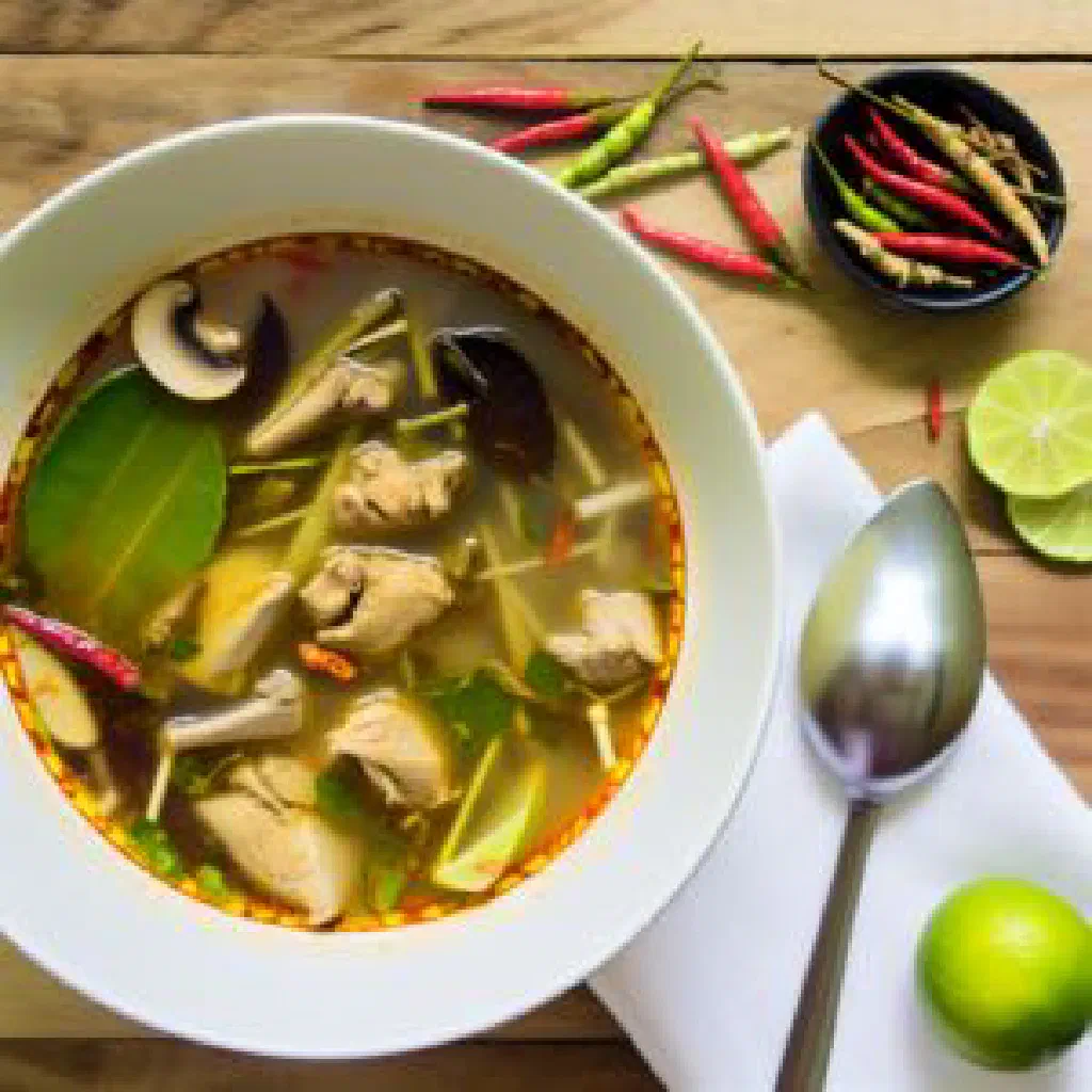 Steaming bowl of tom yum kai chicken soup garnished with fresh coriander