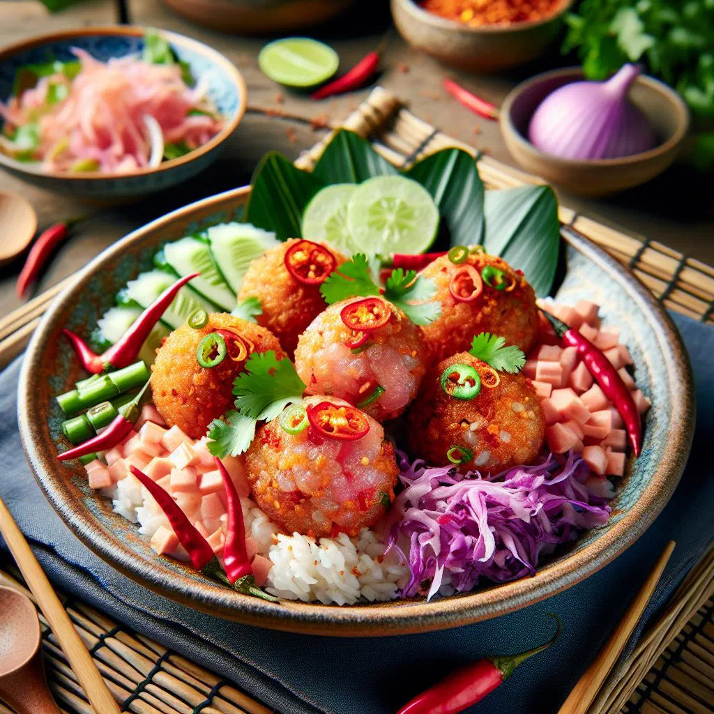 Yam Naem Khao Thot crispy rice salad with sausage and fresh herbs