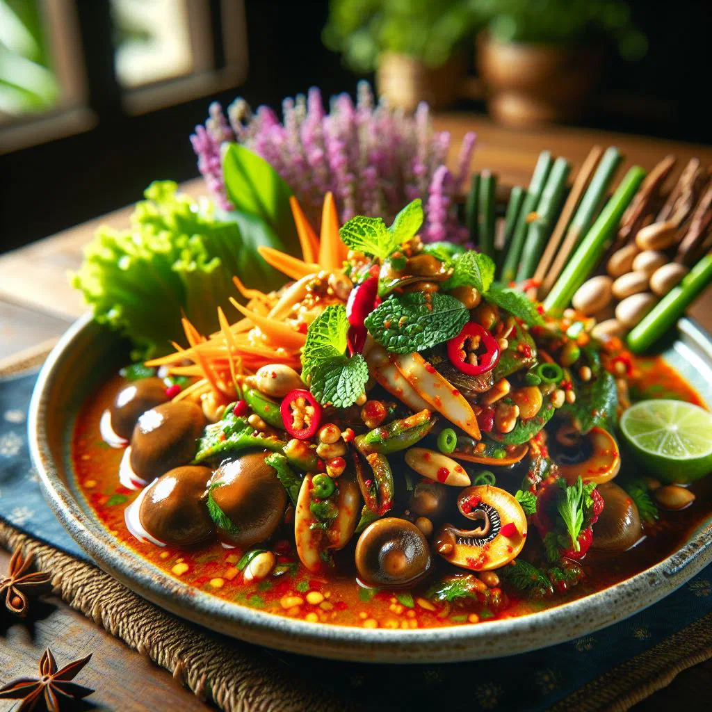 Thai mushroom salad with chillies, red onion and fresh coriander