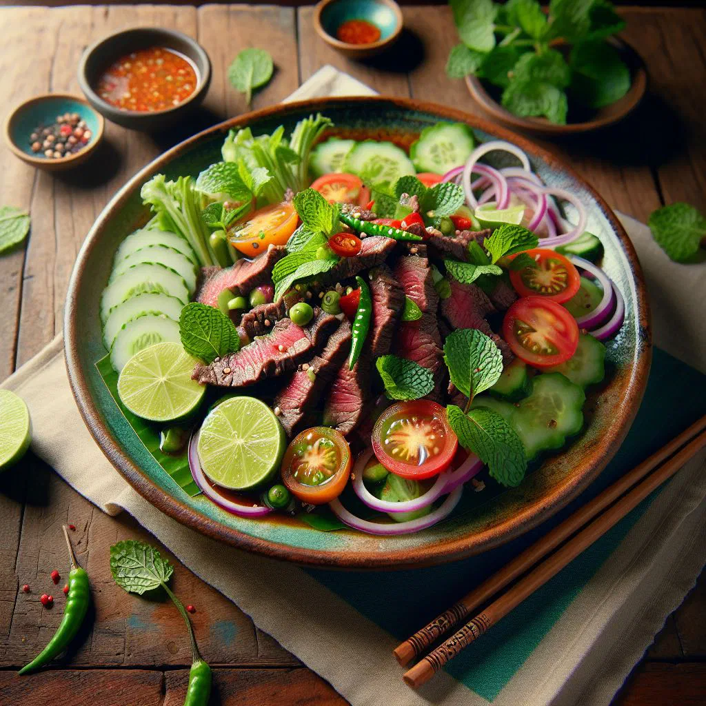 Thai beef salad with sliced steak, fresh herbs, tomatoes and chillies