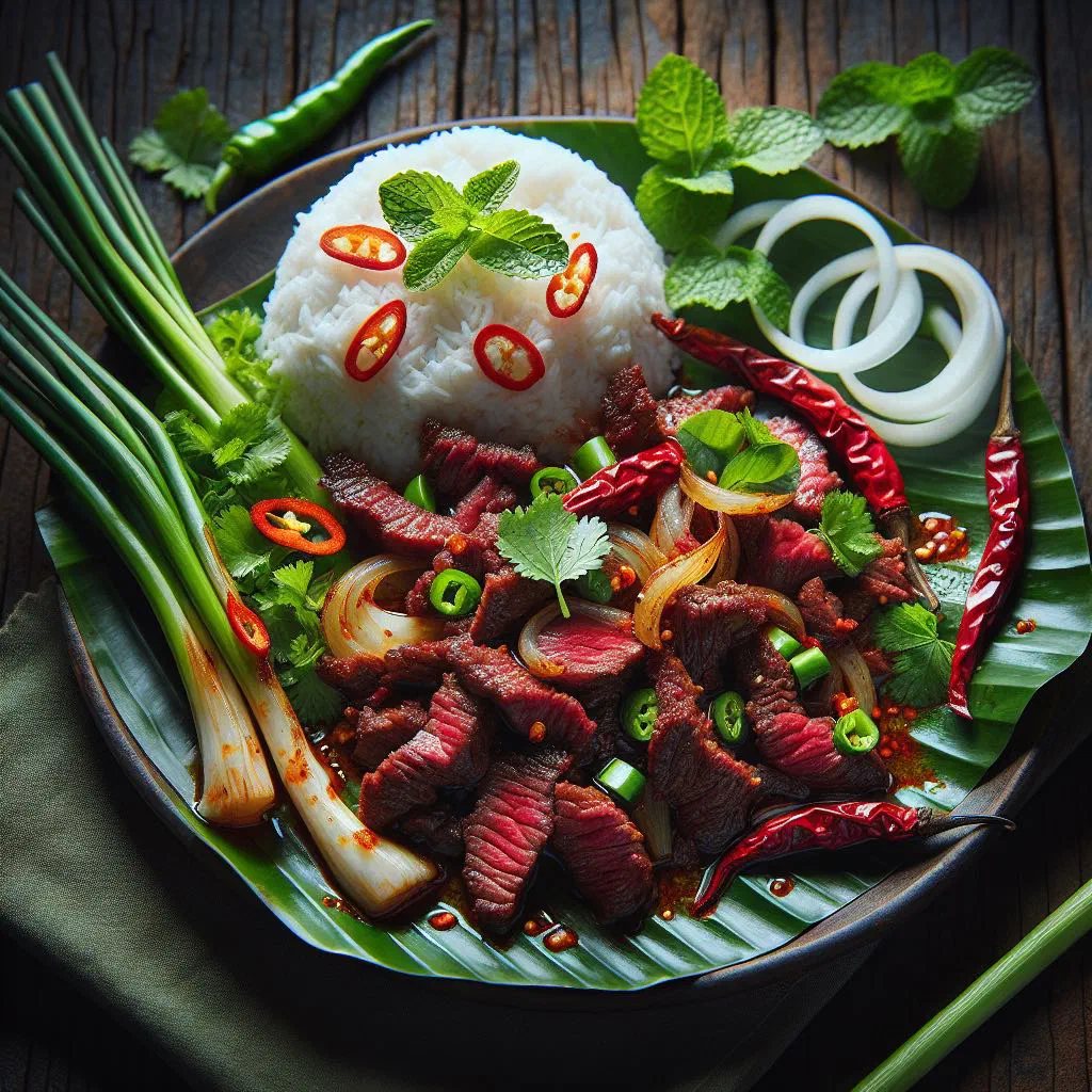 Thai grilled beef salad with herbs, chillies and lime dressing on lettuce