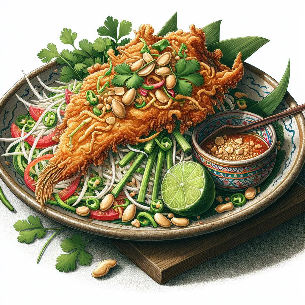 Crispy fried fish salad with fresh herbs, lemongrass and lime