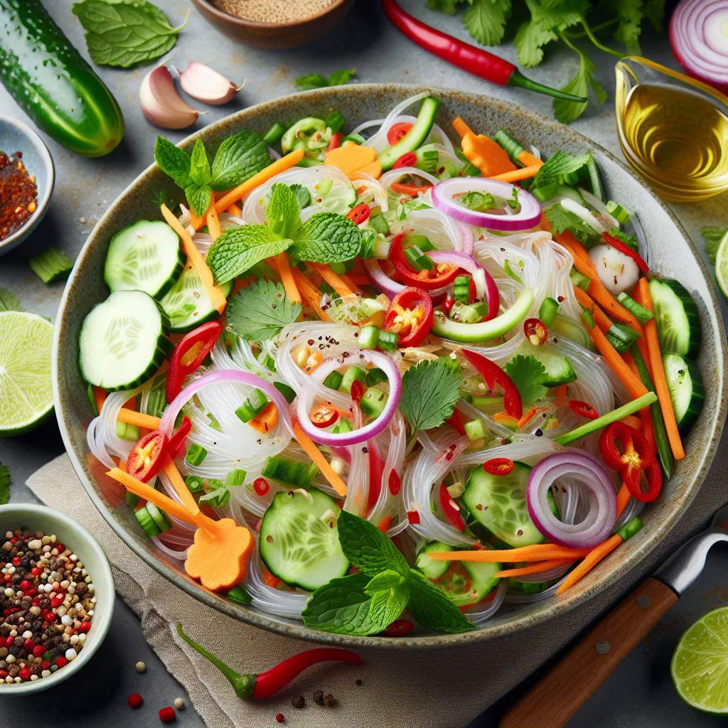 Thai glass noodle salad with vegetables, herbs and lime
