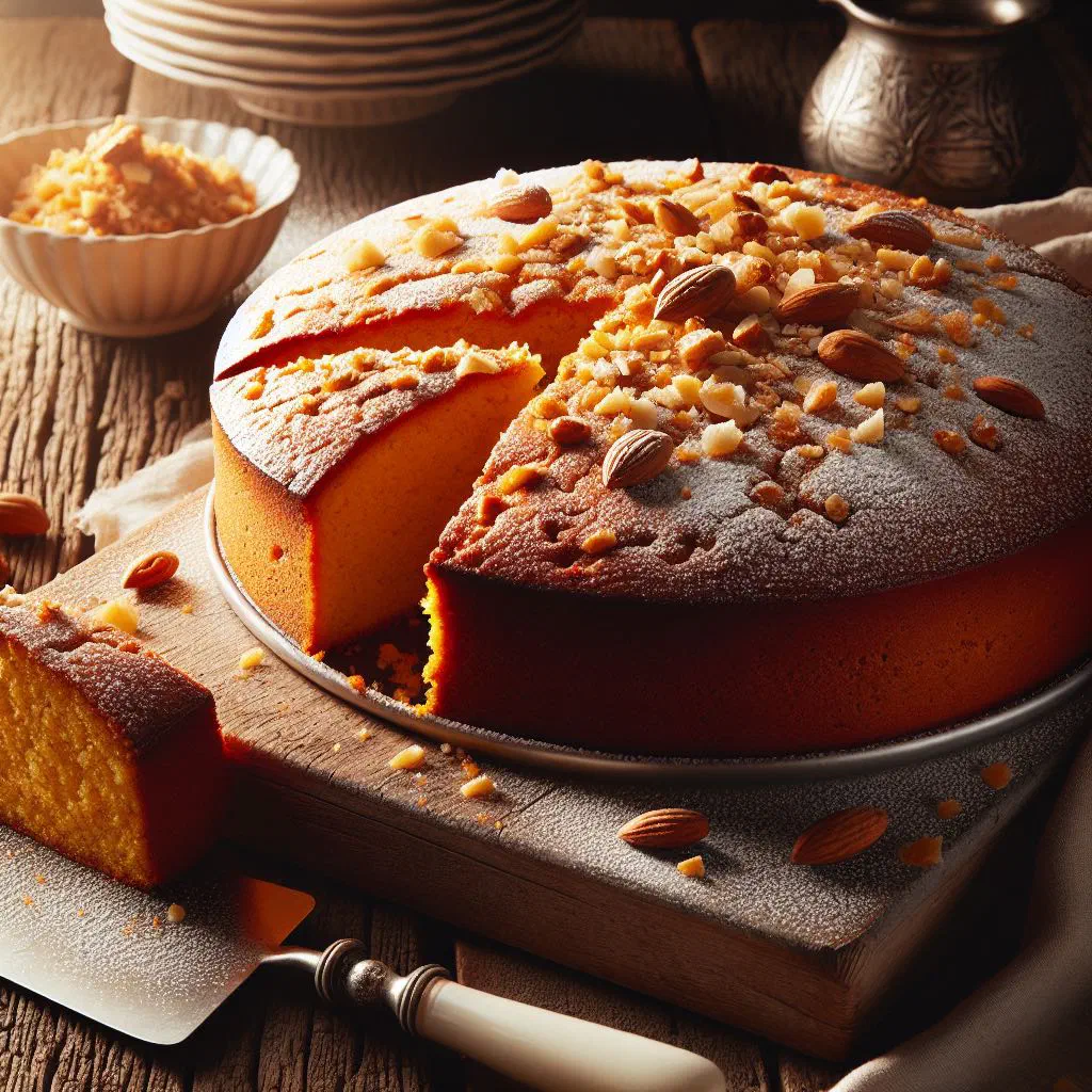 Golden sweet potato cake dusted with icing sugar on a serving plate