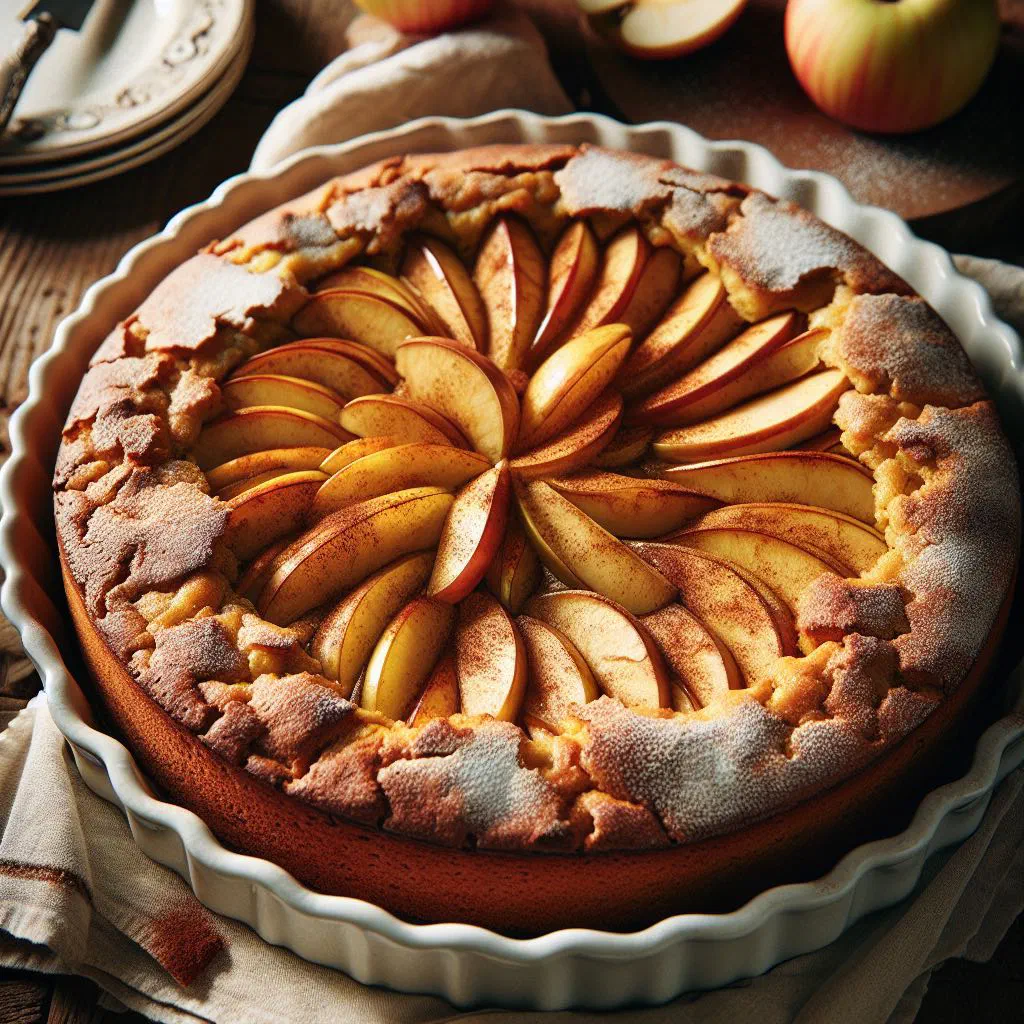 Slice of golden apple cake dusted with cinnamon sugar
