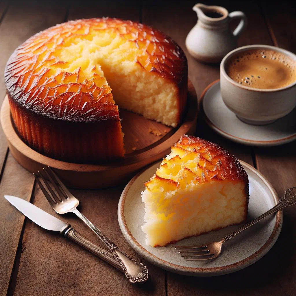 Golden-baked cassava cake sliced on a plate