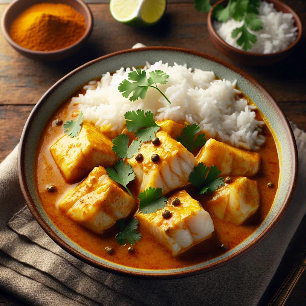 Bowl of Timorese fish curry in coconut sauce with fresh coriander and rice