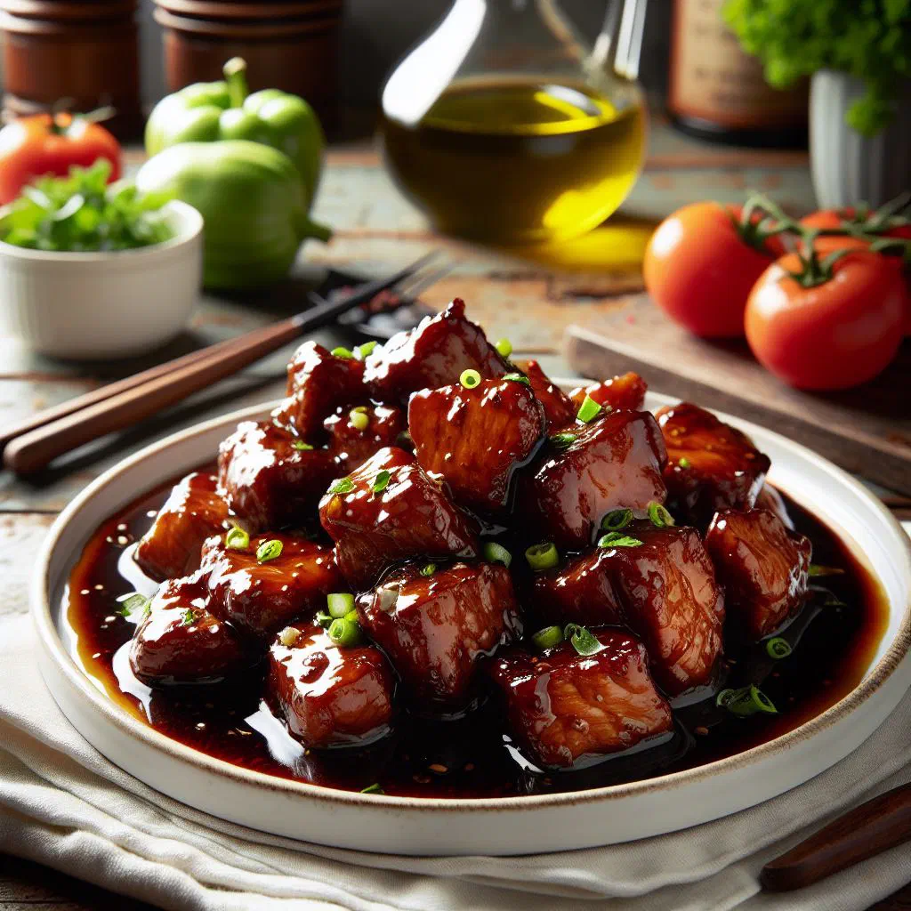 Braised pork in a tamarind sauce garnished with fresh coriander