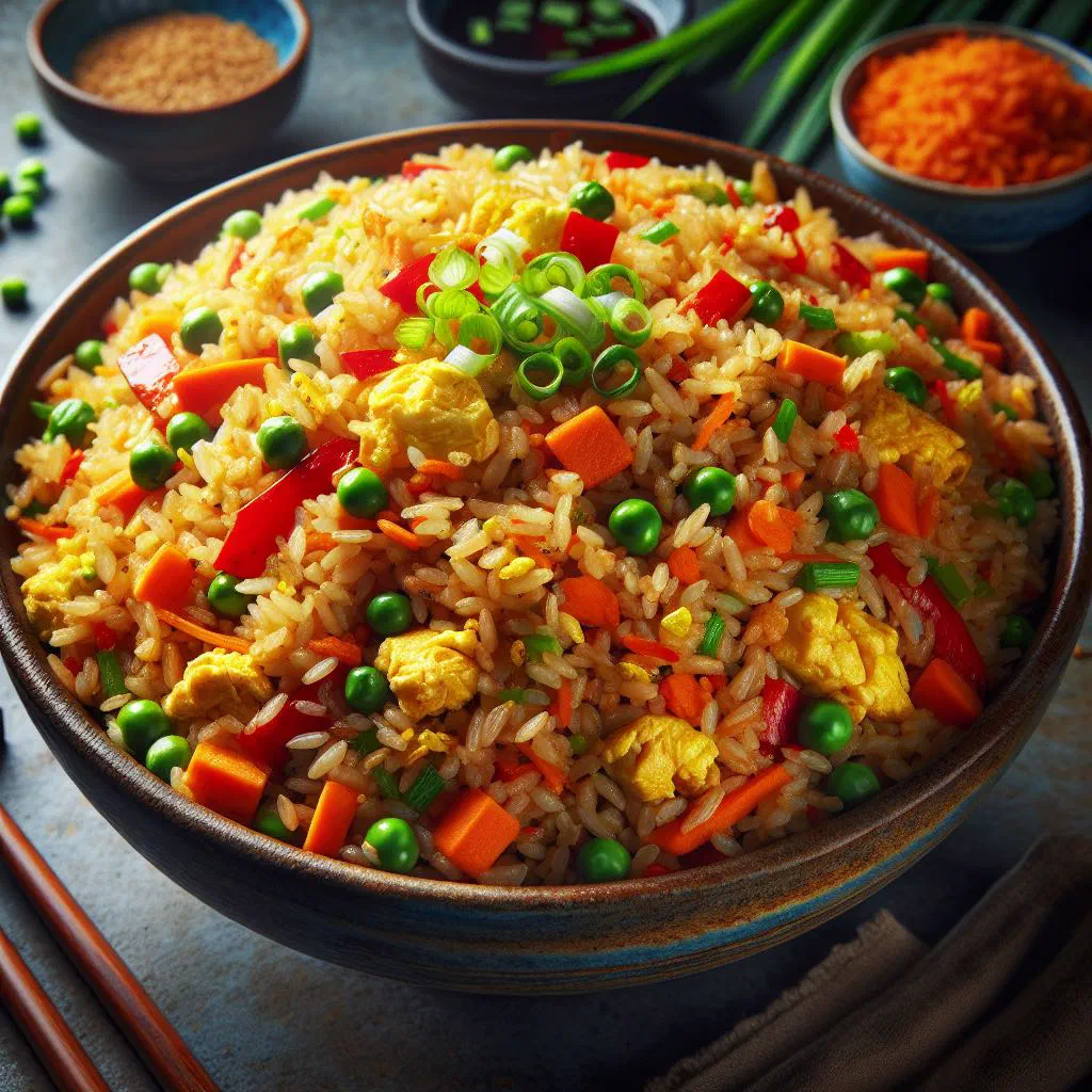Timorese arroz frito fried rice with vegetables and egg in a bowl
