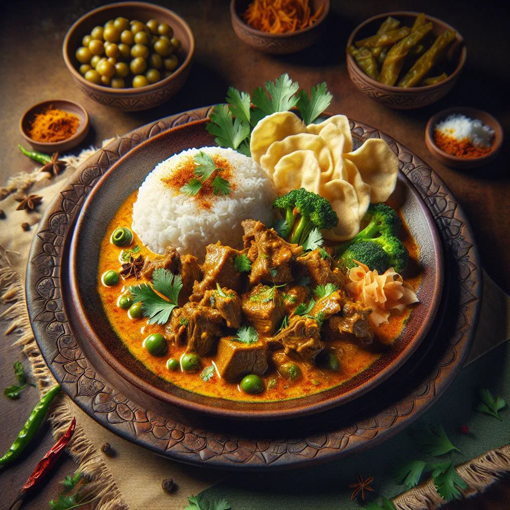Gulai Kambing goat curry simmered in golden coconut milk, garnished with fresh coriander