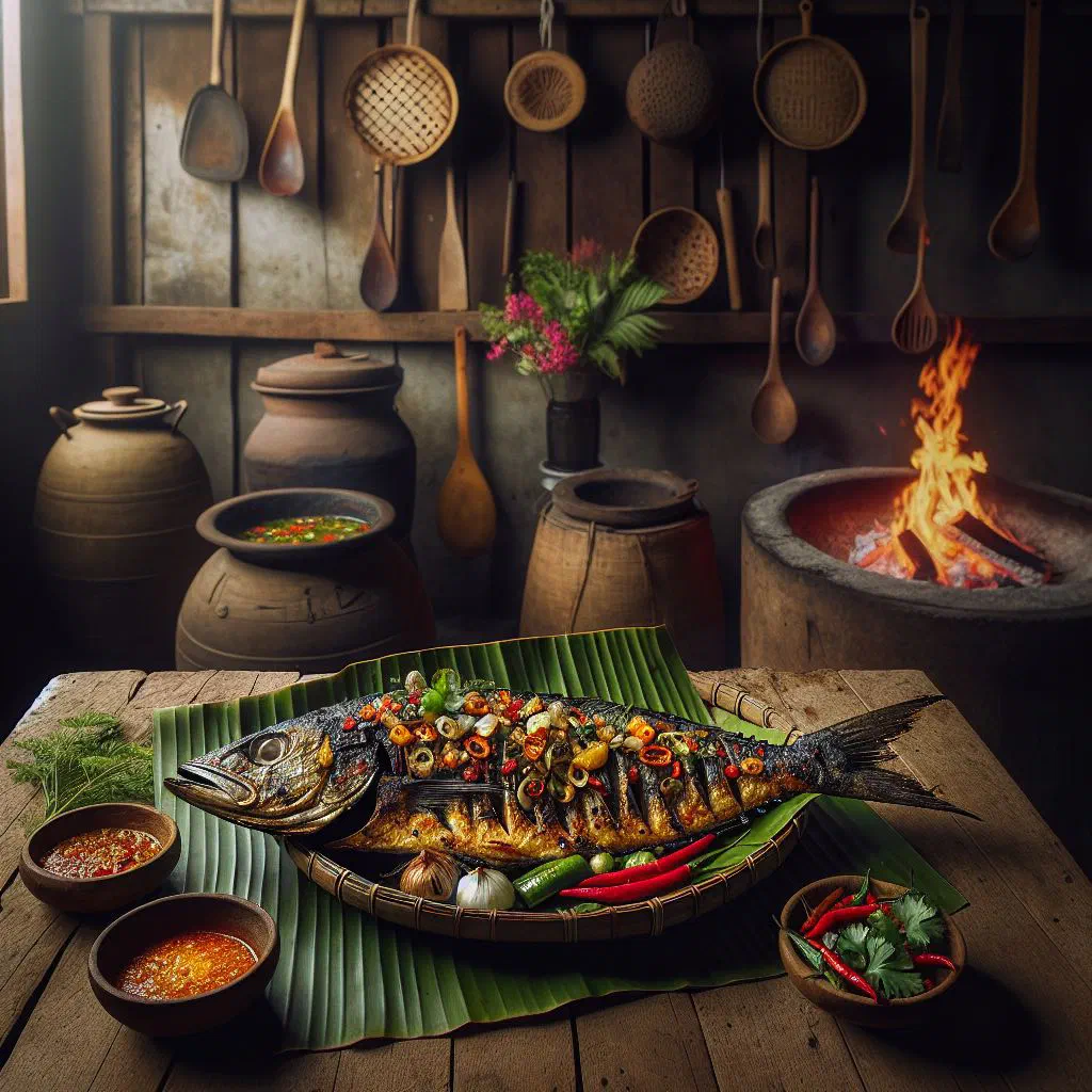 Whole grilled fish glazed with spices, served with rice and vegetables