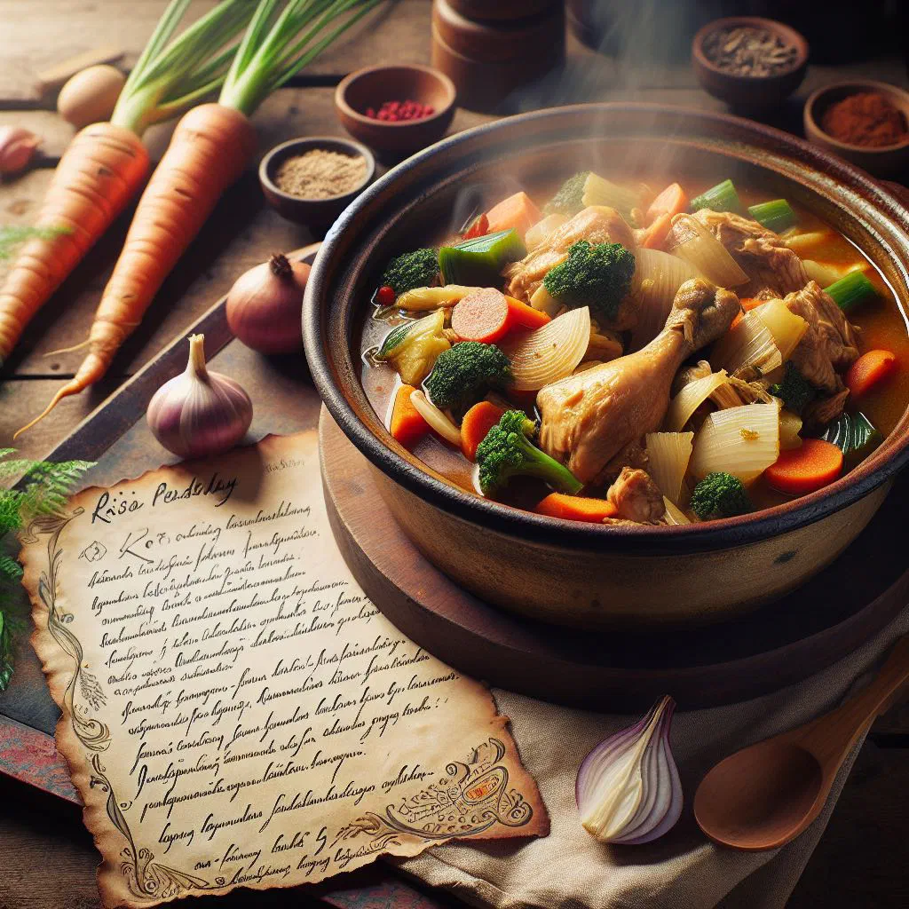 A rustic bowl of Koto chicken stew garnished with fresh coriander